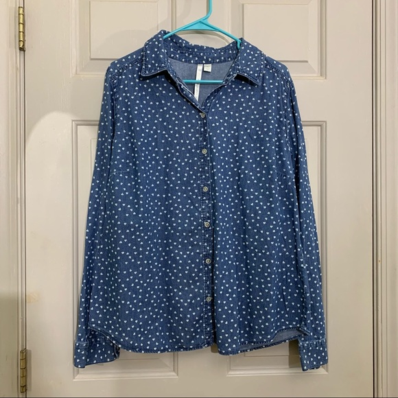Lauren Conrad denim chambray hearts button down too cotton extra large - Picture 1 of 8